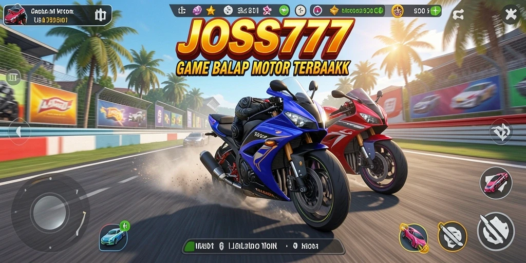 Screenshot gameplay JOSS777 menunjukkan aksi balap motor yang mendebarkan.