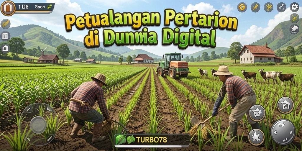 Screenshot utama TURBO78 menampilkan aktivitas bertani yang seru.